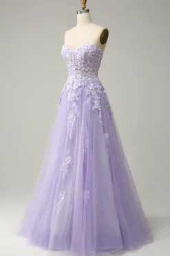 A Linha Cintas de Espaguete Roxo Vestido de Festa com Apliques