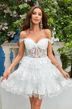 A Linha Dark Blue Corset Tiered Vestido Curto Homecoming com Renda