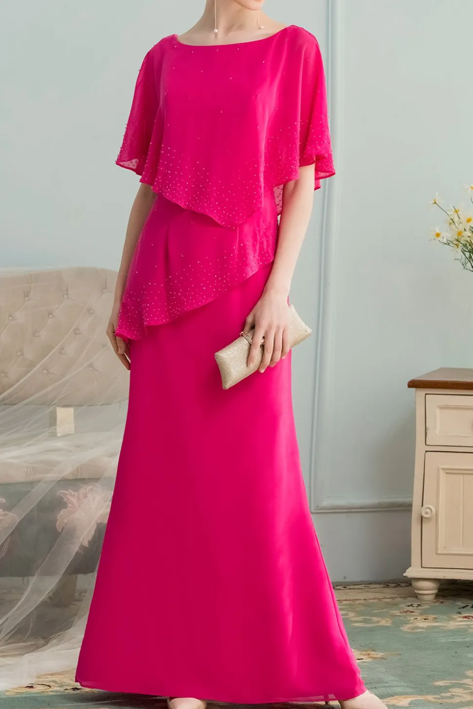 A linha de Longo Chiffon dama Vestido com Beading
