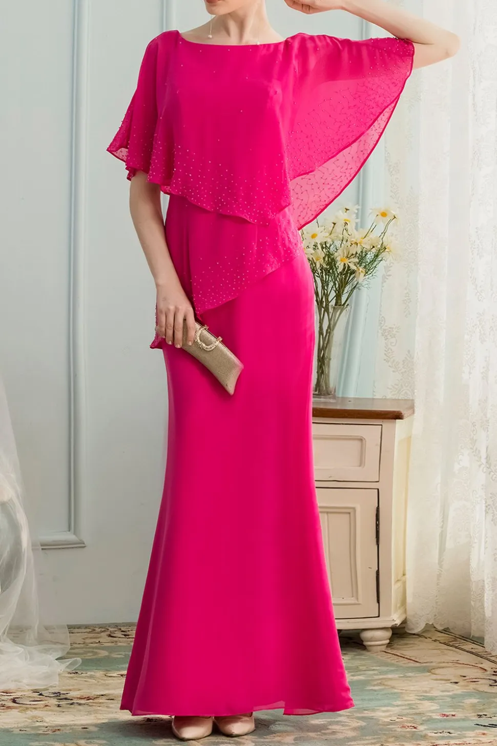 A linha de Longo Chiffon dama Vestido com Beading