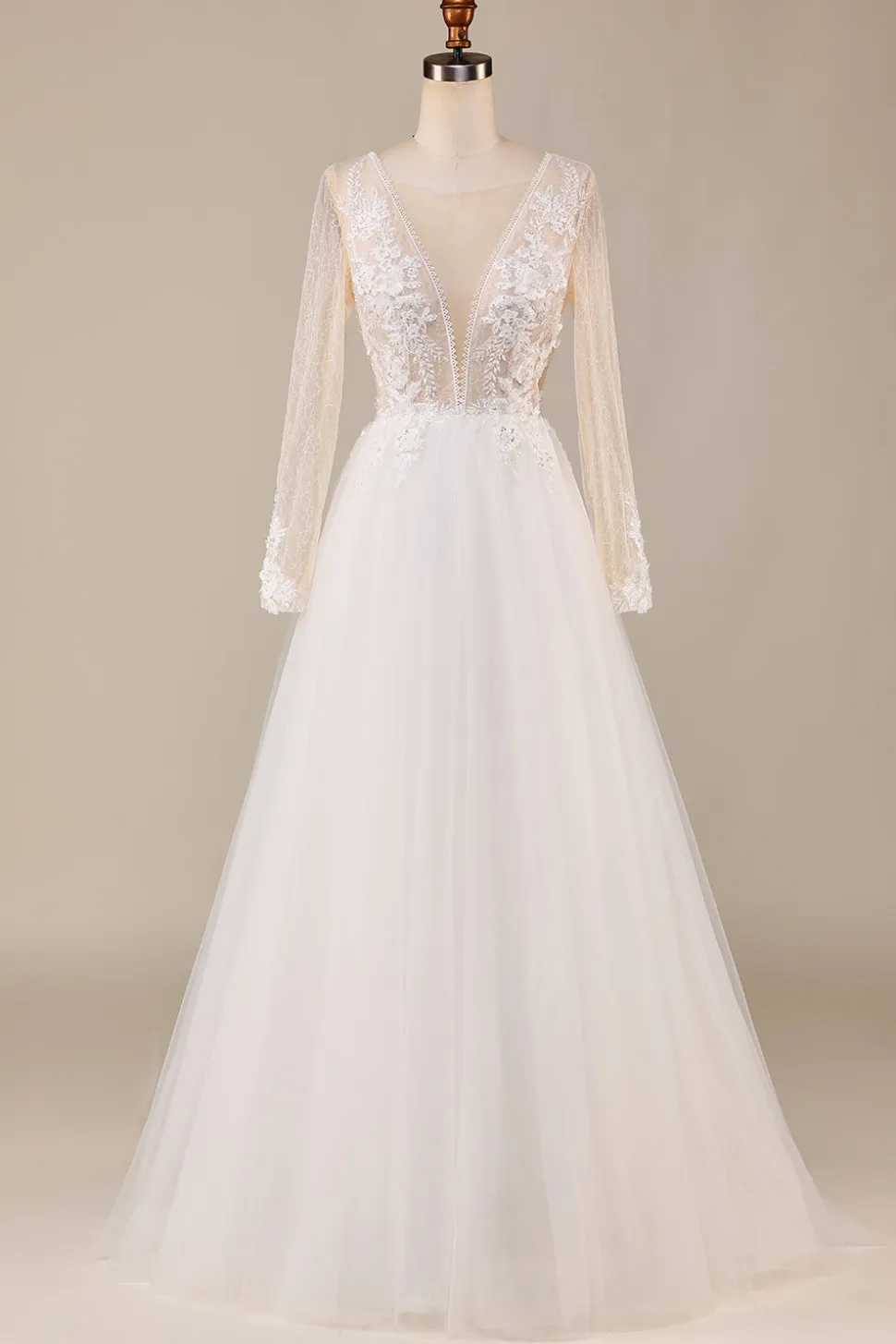 A Linha Deep V-Neck Ivory Tulle Sweep Train Vestido de Noiva com Renda
