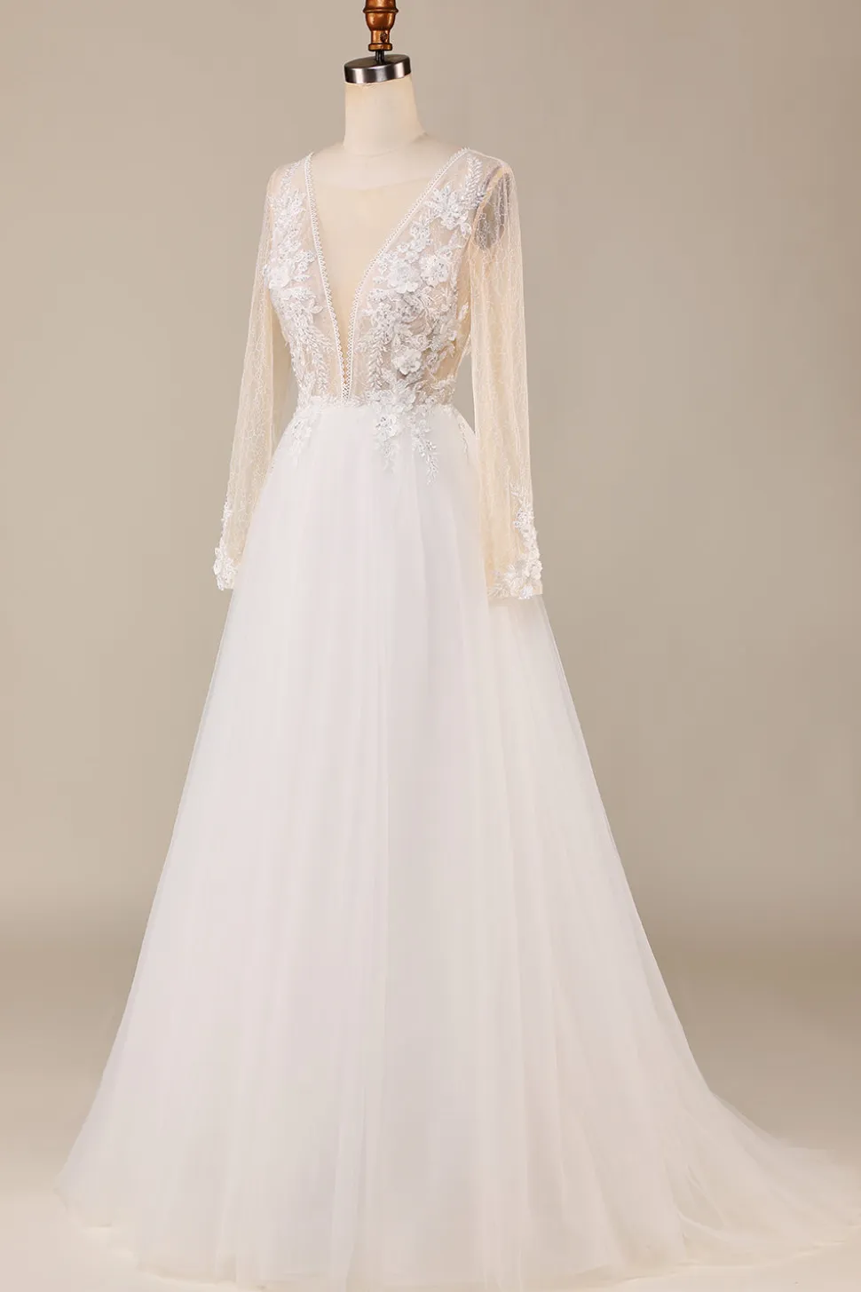 A Linha Deep V-Neck Ivory Tulle Sweep Train Vestido de Noiva com Renda
