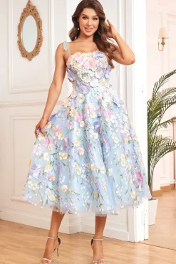 A Linha Esparguete Alças Azul Vestido de Baile com Flores 3D