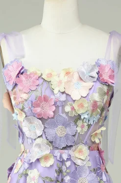 A Linha Esparguete Alças Azul Vestido de Baile com Flores 3D