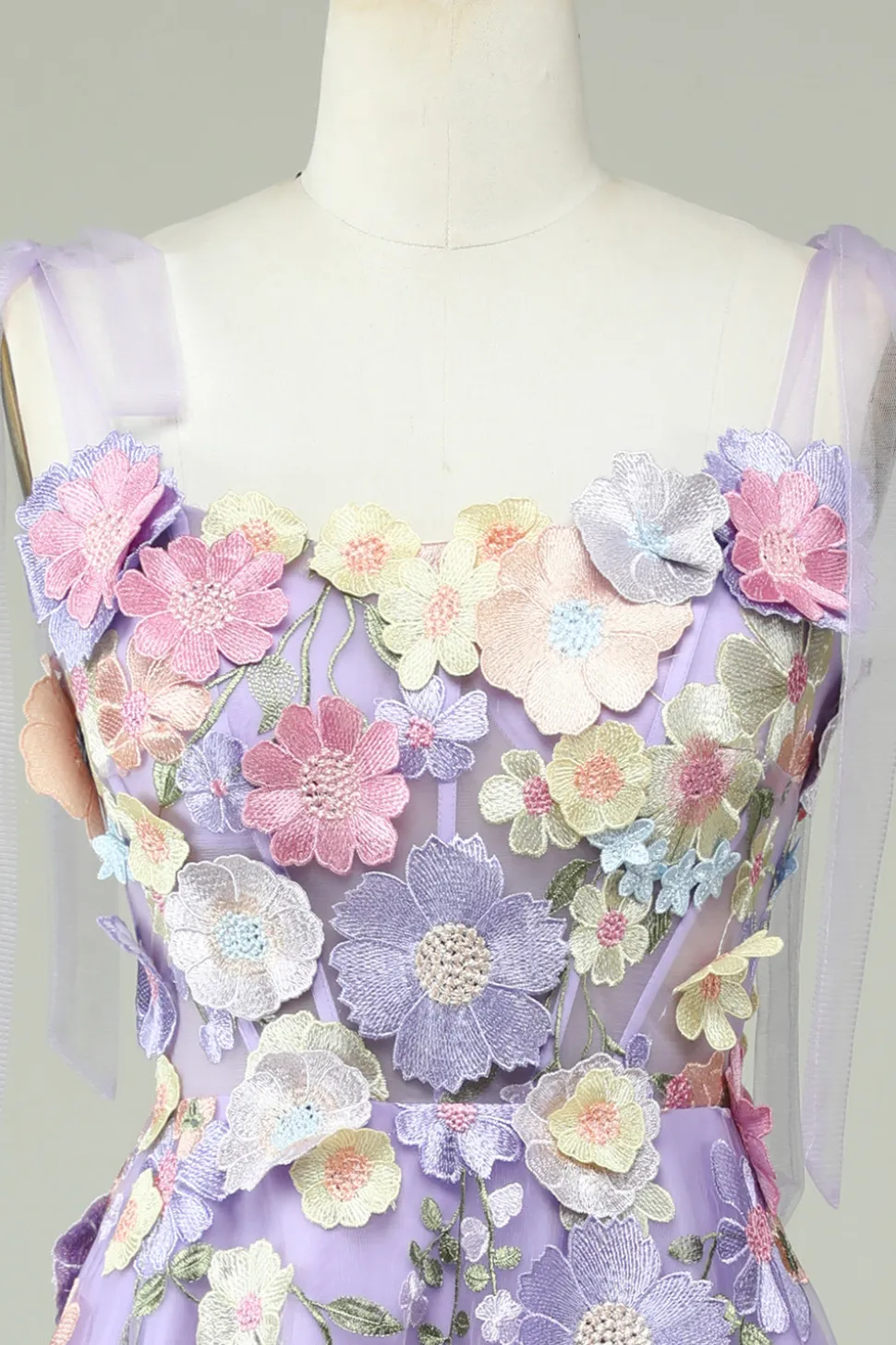 A Linha Esparguete Alças Azul Vestido de Baile com Flores 3D