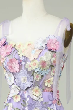 A Linha Esparguete Alças Azul Vestido de Baile com Flores 3D