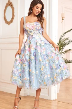 A Linha Esparguete Alças Azul Vestido de Baile com Flores 3D