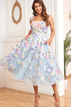 A Linha Esparguete Alças Azul Vestido de Baile com Flores 3D
