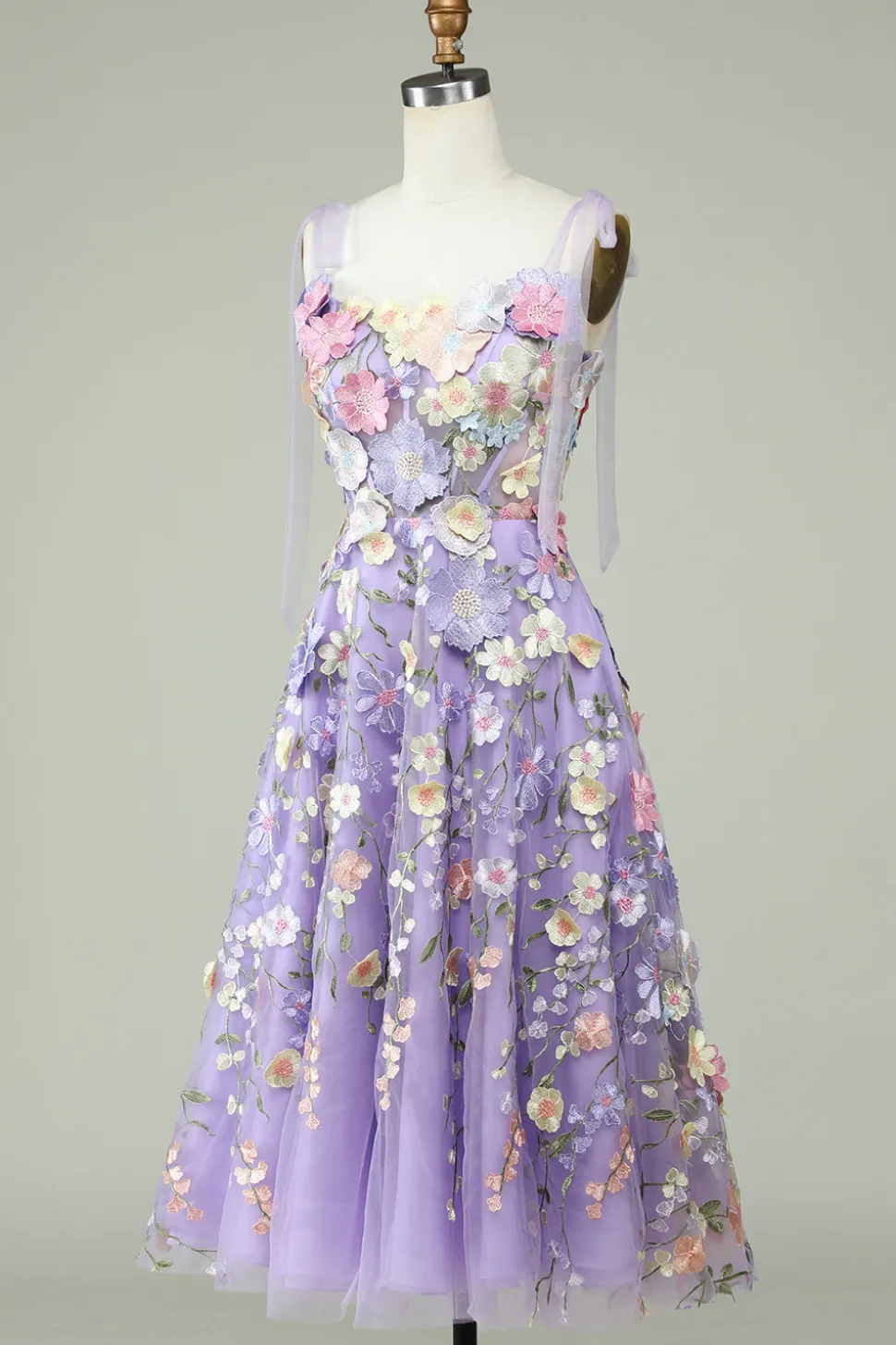 A Linha Esparguete Alças Azul Vestido de Baile com Flores 3D