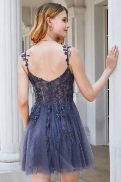 A Linha Esparguete Correias Cinzento Vestido Curto Homecoming com Apliques