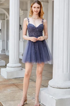 A Linha Esparguete Correias Cinzento Vestido Curto Homecoming com Apliques