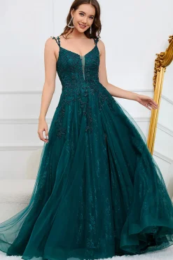 A Linha Esparguete Correias Verde Escuro Vestido de Baile com Apliques