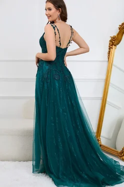 A Linha Esparguete Correias Verde Escuro Vestido de Baile com Apliques