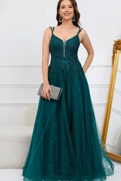 A Linha Esparguete Correias Verde Escuro Vestido de Baile com Apliques