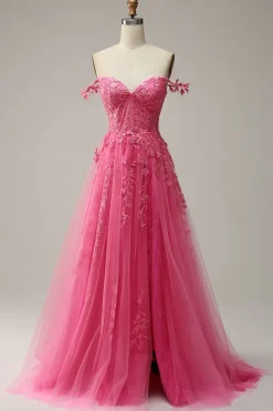 A Linha Fora do Ombro Fuchsia Vestido de Noite Com Apliques