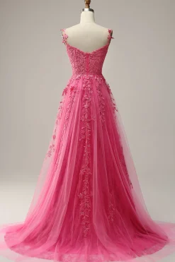 A Linha Fora do Ombro Fuchsia Vestido de Noite Com Apliques