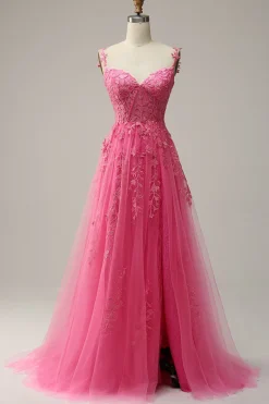 A Linha Fora do Ombro Fuchsia Vestido de Noite Com Apliques