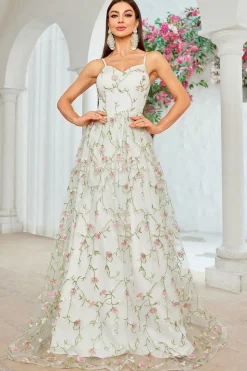 A Linha Marfim Flor Esparguete Alças Bordado Vestido de Noiva Longo
