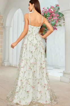 A Linha Marfim Flor Esparguete Alças Bordado Vestido de Noiva Longo