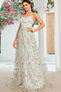 A Linha Marfim Flor Esparguete Alças Bordado Vestido de Noiva Longo