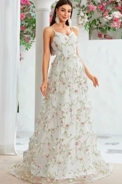 A Linha Marfim Flor Esparguete Alças Bordado Vestido de Noiva Longo