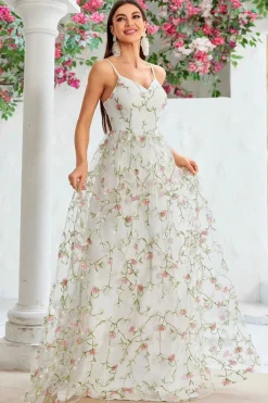 A Linha Marfim Flor Esparguete Alças Bordado Vestido de Noiva Longo