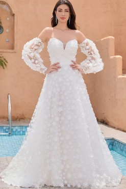 A Linha Querida Applique Renda Vestido de Noiva Branco com Mangas Destacáveis