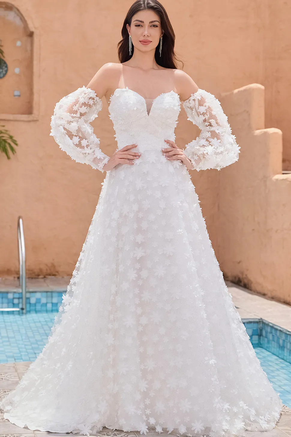 A Linha Querida Applique Renda Vestido de Noiva Branco com Mangas Destacáveis