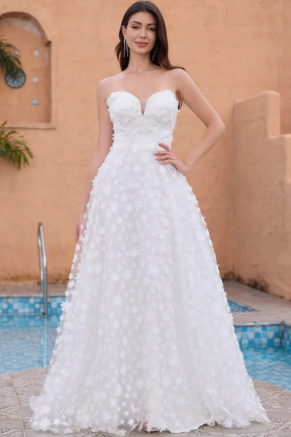 A Linha Querida Applique Renda Vestido de Noiva Branco com Mangas Destacáveis