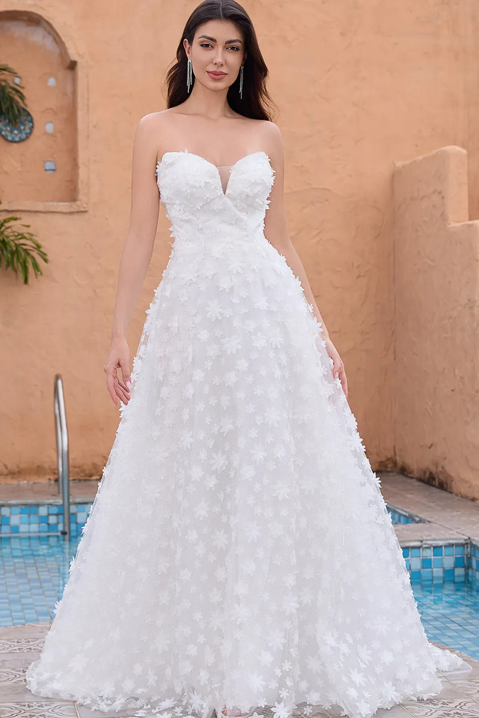 A Linha Querida Applique Renda Vestido de Noiva Branco com Mangas Destacáveis