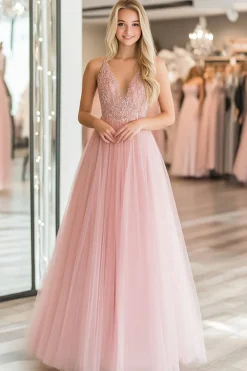 A Linha Renda Appliques Tulle Rosa Deep V Neck Prom Dress