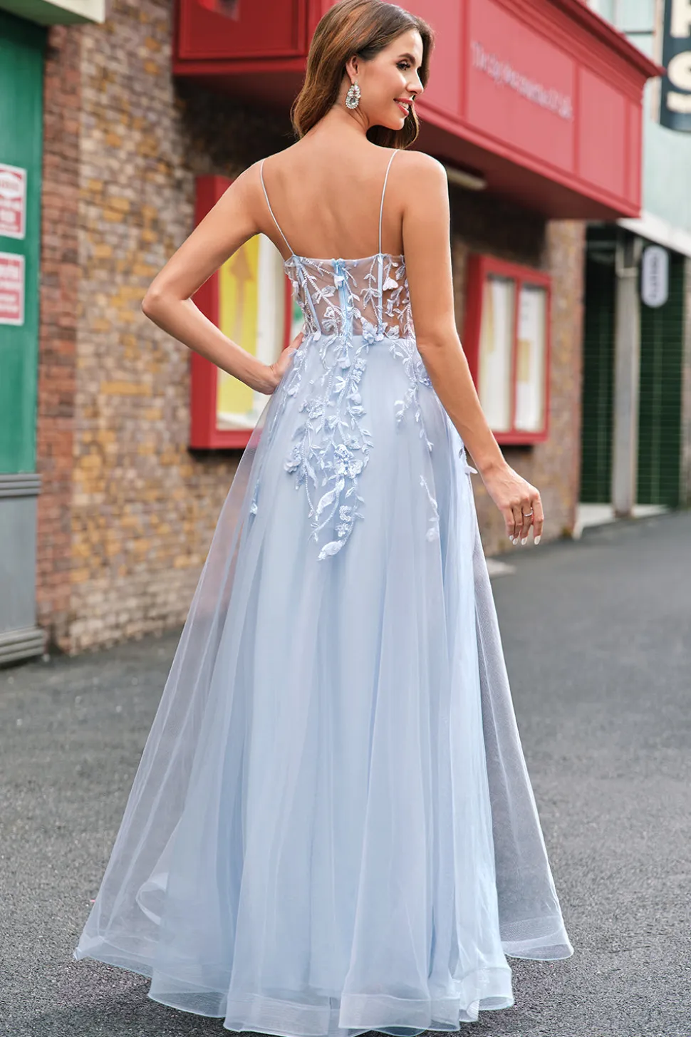 A Linha Tule Esparguete Correias Corset Applique Blue Prom Dress com Fenda