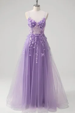 A Linha Tule Esparguete Correias Corset Applique Blue Prom Dress com Fenda