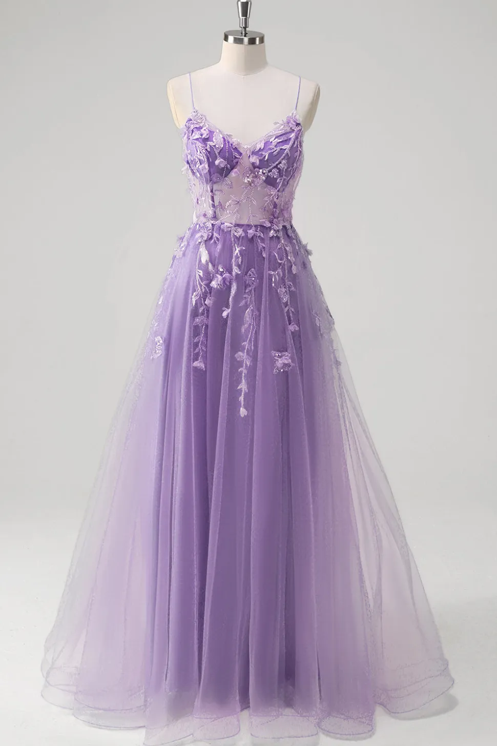 A Linha Tule Esparguete Correias Corset Applique Blue Prom Dress com Fenda
