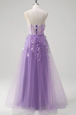 A Linha Tule Esparguete Correias Corset Applique Blue Prom Dress com Fenda