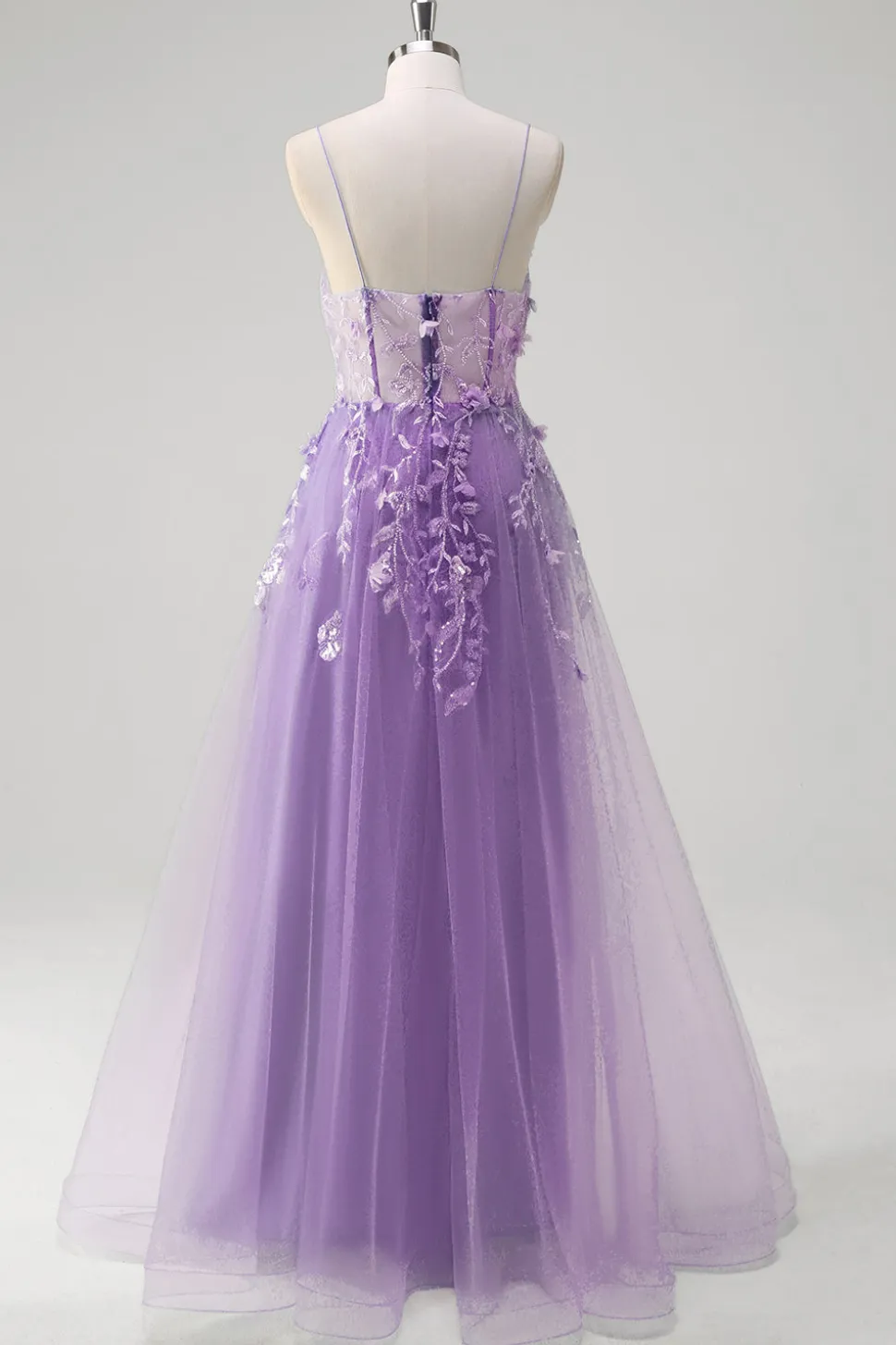 A Linha Tule Esparguete Correias Corset Applique Blue Prom Dress com Fenda