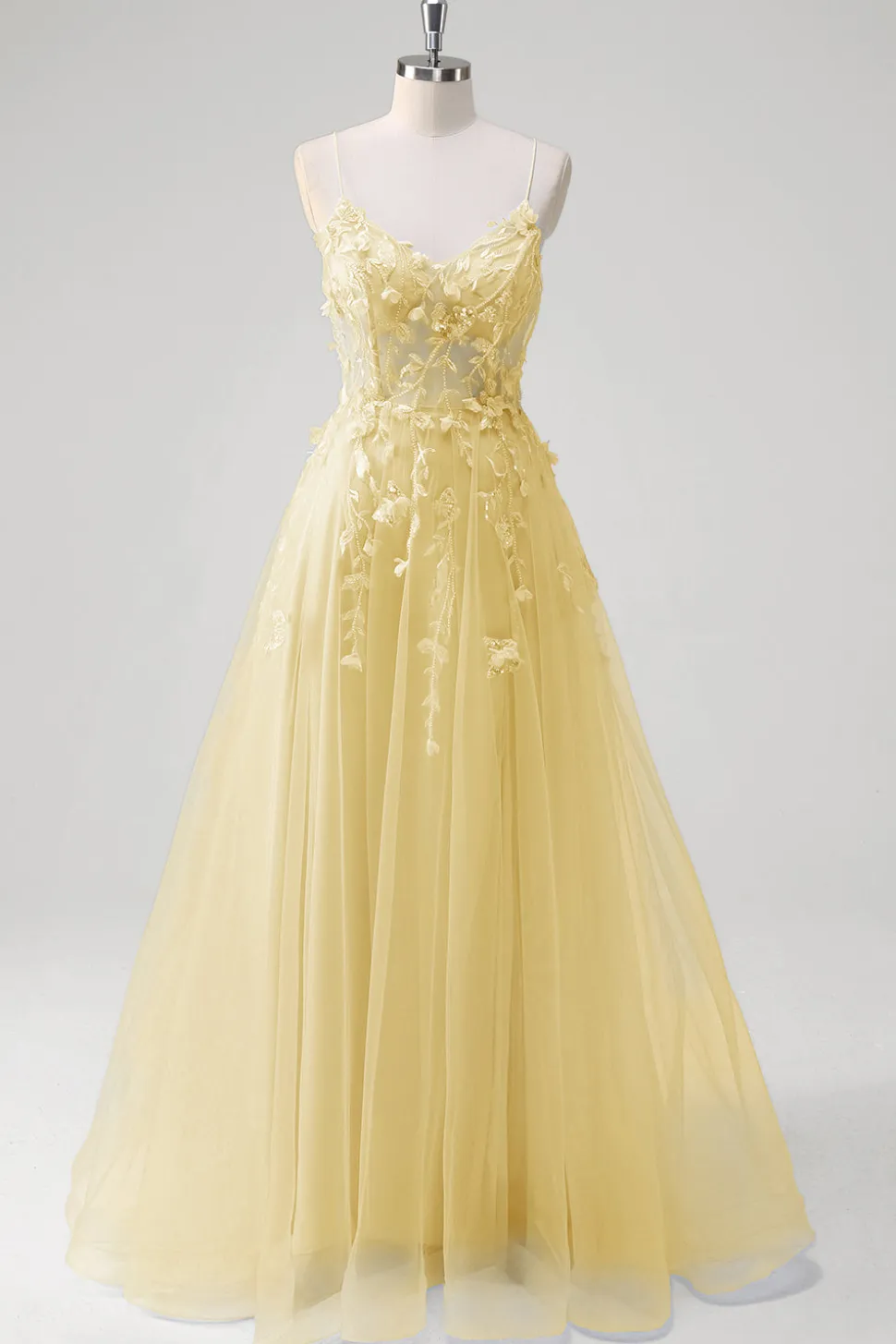 A Linha Tule Esparguete Correias Corset Applique Blue Prom Dress com Fenda