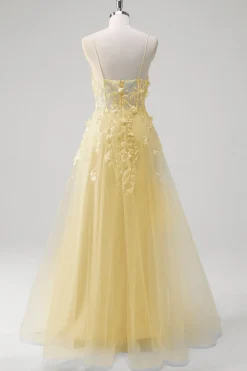 A Linha Tule Esparguete Correias Corset Applique Blue Prom Dress com Fenda