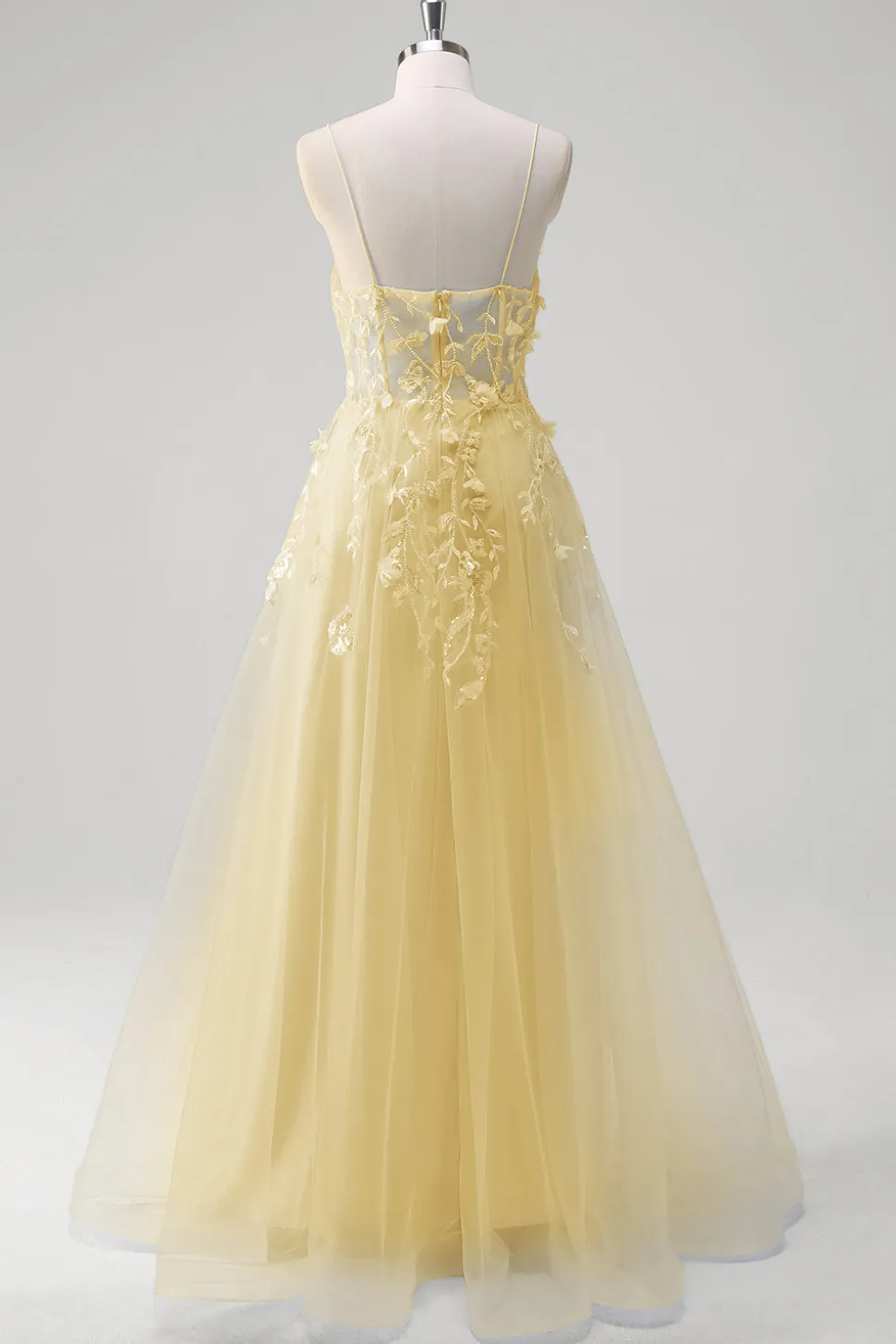 A Linha Tule Esparguete Correias Corset Applique Blue Prom Dress com Fenda