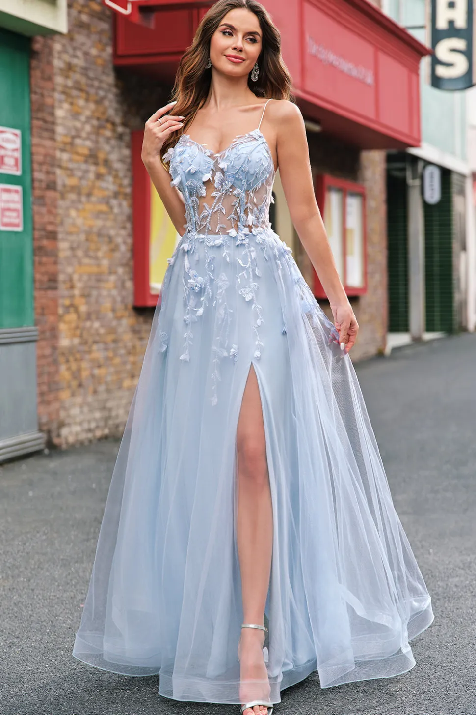 A Linha Tule Esparguete Correias Corset Applique Blue Prom Dress com Fenda