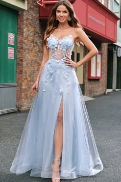A Linha Tule Esparguete Correias Corset Applique Blue Prom Dress com Fenda