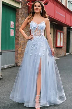 A Linha Tule Esparguete Correias Corset Applique Blue Prom Dress com Fenda