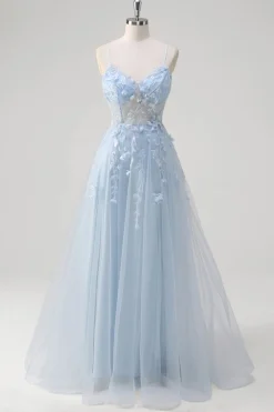 A Linha Tule Esparguete Correias Corset Applique Blue Prom Dress com Fenda