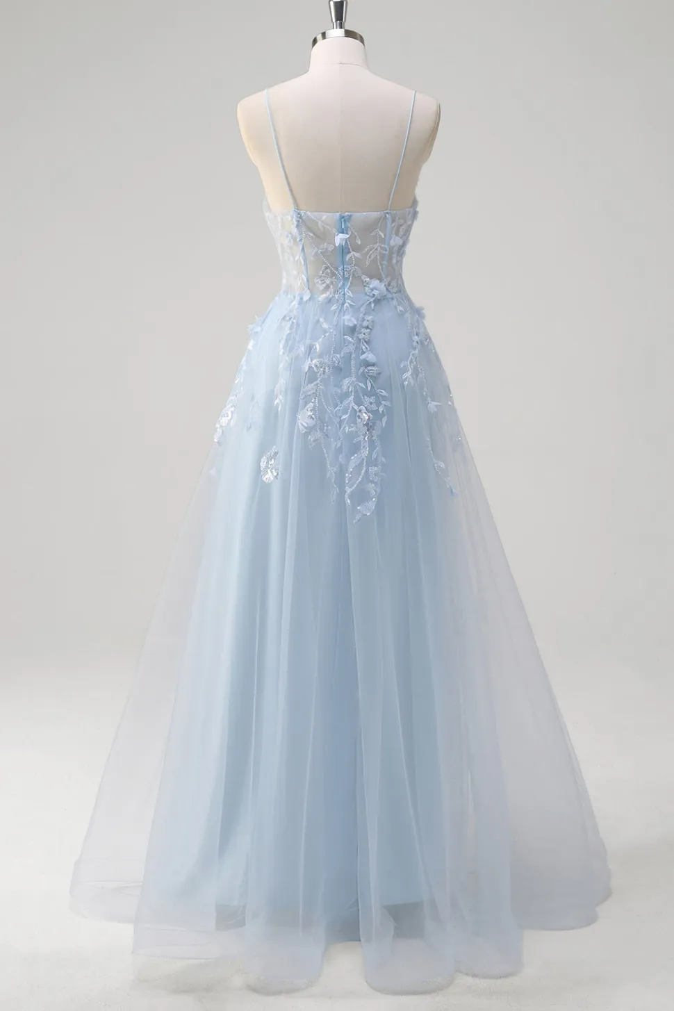 A Linha Tule Esparguete Correias Corset Applique Blue Prom Dress com Fenda