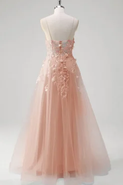 A Linha Tule Esparguete Correias Corset Applique Blue Prom Dress com Fenda