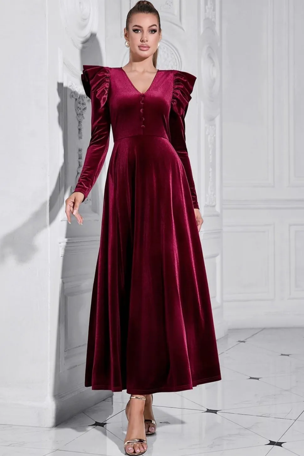 A Linha V Pescoço Borgonha babado longo veludo Prom Dress