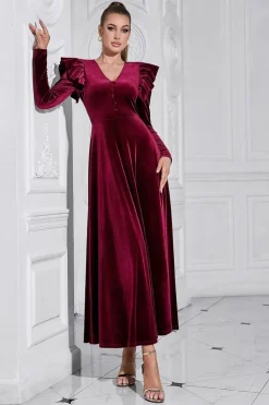 A Linha V Pescoço Borgonha babado longo veludo Prom Dress