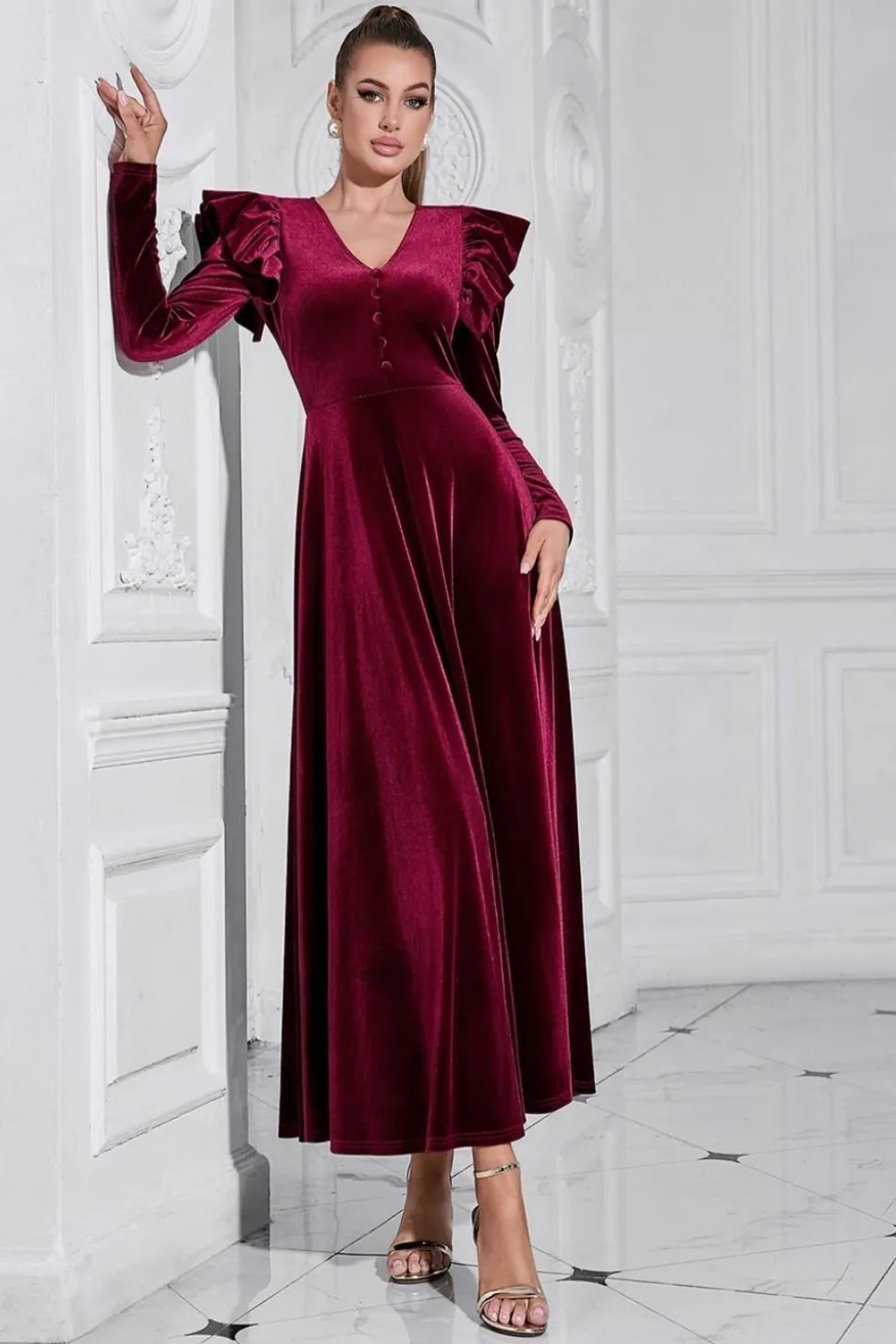 A Linha V Pescoço Borgonha babado longo veludo Prom Dress