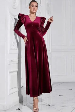 A Linha V Pescoço Borgonha babado longo veludo Prom Dress