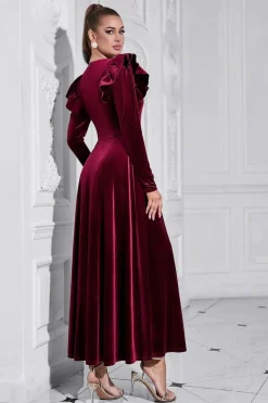 A Linha V Pescoço Borgonha babado longo veludo Prom Dress